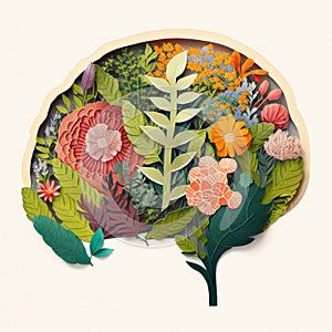 The human brain is like a beautiful garden. Mental health metaphor, paper cut collage on light background