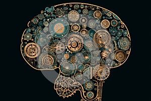 Human brain made of gears and cogs illustration. Generative AI