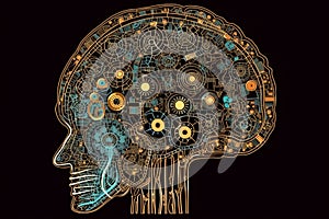 Human brain made of gears and cogs illustration. Generative AI