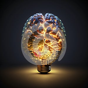Human brain made in shape of glowing light bulb