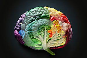 Human brain made of variety of vegetables in concept of healthy food for health care