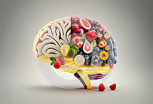 Human brain made of vegetables and fruits on black background. 3d illustration