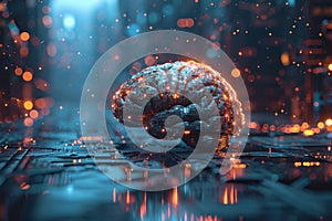 Human brain model connected to digital network. Futuristic artificial intelligence and tech development illustration