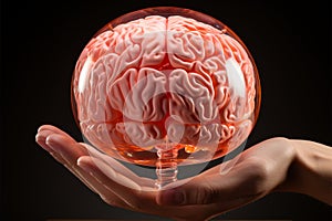 Human brain model gripped by a hand against a blank backdrop