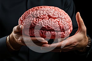 Human brain model gripped by a hand against a blank backdrop