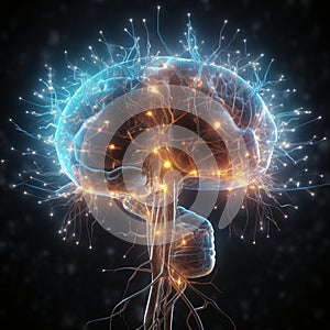 Human brain nervous system and glowing neurons, science concept