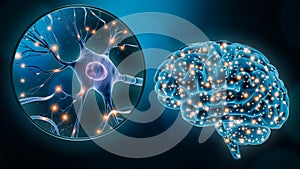 Human brain neuronal stimulation or activity with the close-up of a neuron cell 3D rendering illustration. Neuroscience, neurology