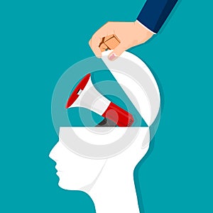 The human brain is opened with an advertising megaphone. vector illustration