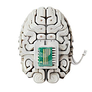 Human brain organ and electric circuit green motherboard with cpu on isolated Transparent background png. oncept artificial