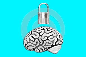 Human brain and a padlock isolated on blue