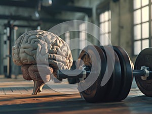 Human Brain Perched on Barbell. Generative AI.