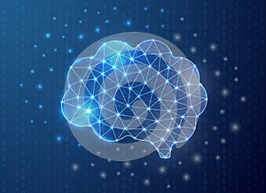 Human brain polygonal symbol with binary code background. Mind concept design illustration. Organ polygonal wireframe.