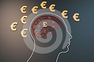 Human brain with pound and euro currency symbols, direction and purpose of struggle, career success