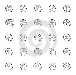 Human brain processes, people thinking, emotions, mental health, creative business and development ideas icons