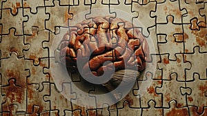 Human brain puzzle concept on rustic background