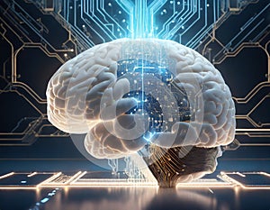 A human brain receiving signals and impulses from a giant circuitboard, AI, artificial intel