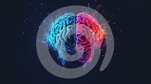 Human brain with right creative hemisphere and left logical hemisphere. AI medical, technological and scientific concept