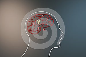 Human brain and RMB currency symbol, direction and purpose of struggle, career success