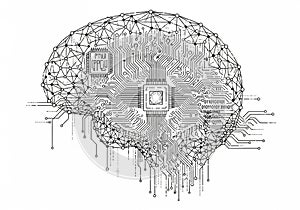 By interconnected circuits and lines, suggesting the concept of