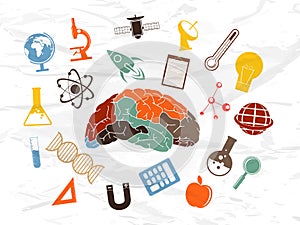 Human brain with Science sign and symbols.