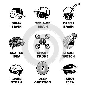 Human brain signs with ideas colorless vector collection