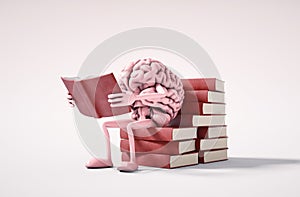 Human brain sitting on books and reading. Self development and education concept