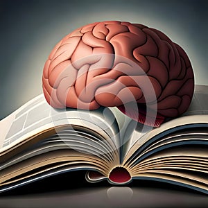 Human brain sitting on an open book - ai generated image