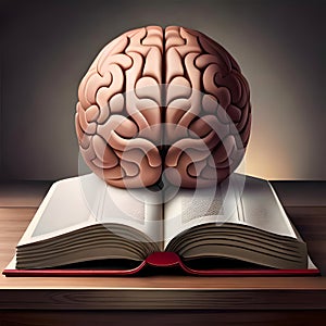 Human brain sitting on an open book - ai generated image