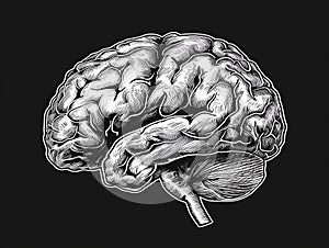 Human brain sketch engraving vector illustration isolated on black background. Generative AI