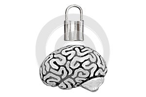 Human brain and a small padlock isolated on white