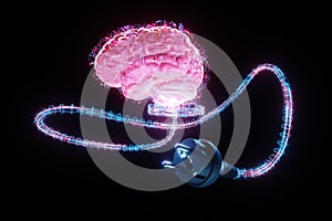 Human brain with socket plug on a light background. The concept is to charge the brain, support the mind, help memory, help for