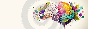 Human brain with spring colorful flowers. World Mental Health day banner. Concept of mental health, self care, happiness