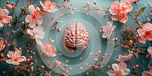 Human brain with spring flowers, self care and mental health concept, positive thinking, creative mind