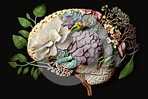 Human brain with spring flowers, symbolising mental health and self care concept, positive thinking, creative mind, positive ideas