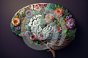 Human brain with spring flowers, symbolising mental health and self care concept, positive thinking, creative mind, positive ideas