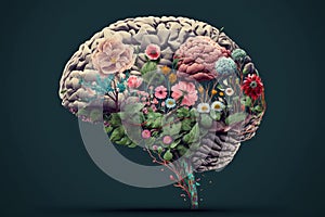 Human brain with spring flowers, symbolising mental health and self care concept, positive thinking, creative mind, positive ideas