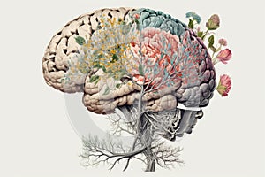 Human brain with spring flowers, symbolising mental health and self care concept, positive thinking, creative mind, positive ideas