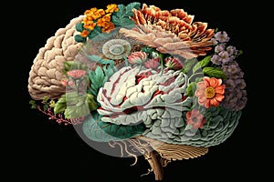 Human brain with spring flowers, symbolising mental health and self care concept, positive thinking, creative mind, positive ideas