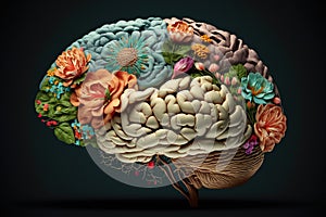 Human brain with spring flowers, symbolising mental health and self care concept, positive thinking, creative mind, positive ideas