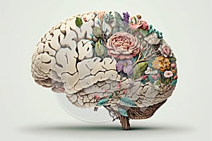 Human brain with spring flowers, symbolising mental health and self care concept, positive thinking, creative mind, positive ideas