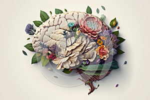 Human brain with spring flowers, symbolising mental health and self care concept, positive thinking, creative mind, positive ideas