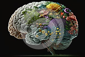 Human brain with spring flowers, symbolising mental health and self care concept, positive thinking, creative mind, positive ideas