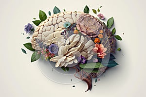 Human brain with spring flowers, symbolising mental health and self care concept, positive thinking, creative mind, positive ideas