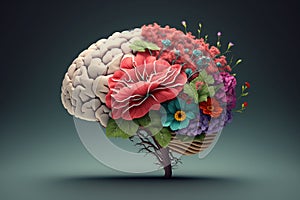 Human brain with spring flowers, symbolising mental health and self care concept, positive thinking, creative mind, positive ideas