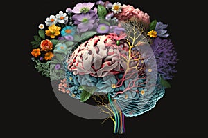 Human brain with spring flowers, symbolising mental health and self care concept, positive thinking, creative mind, positive ideas