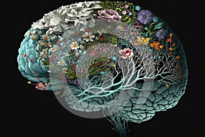 Human brain with spring flowers, symbolising mental health and self care concept, positive thinking, creative mind, positive ideas