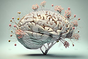 Human brain with spring flowers, symbolising mental health and self care concept, positive thinking, creative mind, positive ideas