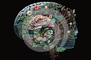 Human brain with spring flowers, symbolising mental health and self care concept, positive thinking, creative mind, positive ideas