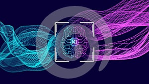 Human brain symbolic for KI Artificial Intelligence centered into background of grid waves