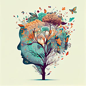 Human brain tree with flowers and butterflies, concept of self care, mind, ideas, creativity - AI generated image